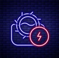 Glowing neon line Water mill icon isolated on brick wall background. Water wheel energy. Hydro power turbine wheel