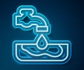 Glowing neon line Water problem icon isolated on blue background. Poor countries environmental public health related Royalty Free Stock Photo