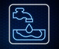 Glowing neon line Water problem icon isolated on brick wall background. Poor countries environmental public health Royalty Free Stock Photo