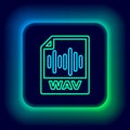 Glowing neon line WAV file document. Download wav button icon isolated on black background. WAV waveform audio file Royalty Free Stock Photo