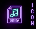 Glowing neon line WAV file document. Download wav button icon isolated on black background. WAV waveform audio file Royalty Free Stock Photo