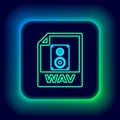 Glowing neon line WAV file document. Download wav button icon isolated on black background. WAV waveform audio file Royalty Free Stock Photo