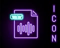 Glowing neon line WAV file document. Download wav button icon isolated on black background. WAV waveform audio file Royalty Free Stock Photo