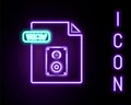 Glowing neon line WAV file document. Download wav button icon isolated on black background. WAV waveform audio file Royalty Free Stock Photo