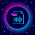 Glowing neon line WAV file document. Download wav button icon isolated on black background. WAV waveform audio file Royalty Free Stock Photo