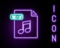 Glowing neon line WAV file document. Download wav button icon isolated on black background. WAV waveform audio file Royalty Free Stock Photo