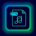 Glowing neon line WAV file document. Download wav button icon isolated on black background. WAV waveform audio file Royalty Free Stock Photo