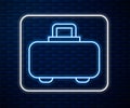 Glowing neon line Weapon case for storing and transporting weapons icon isolated on brick wall background. Vector Royalty Free Stock Photo
