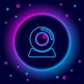 Glowing neon line Web camera icon isolated on black background. Chat camera. Webcam icon. Colorful outline concept