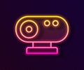 Glowing neon line Web camera icon isolated on black background. Chat camera. Webcam icon. Vector