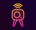 Glowing neon line Web camera icon isolated on black background. Chat camera. Webcam icon. Vector