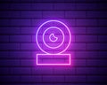 Glowing neon line Web camera icon isolated on brick wall background. Chat camera. Webcam icon. Colorful outline concept