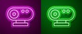 Glowing neon line Web camera icon isolated on purple and green background. Chat camera. Webcam icon. Vector