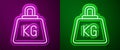 Glowing neon line Weight icon isolated on purple and green background. Kilogram weight block for weight lifting and