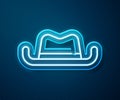 Glowing neon line Western cowboy hat icon isolated on blue background. Vector