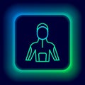 Glowing neon line Wetsuit for scuba diving icon isolated on black background. Diving underwater equipment. Colorful