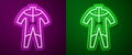 Glowing neon line Wetsuit for scuba diving icon isolated on purple and green background. Diving underwater equipment