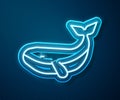 Glowing neon line Whale icon isolated on blue background. Vector Royalty Free Stock Photo