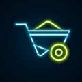 Glowing neon line Wheelbarrow icon isolated on black background. Tool equipment. Agriculture cart wheel farm. Colorful