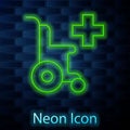 Glowing neon line Wheelchair for disabled person icon isolated on brick wall background. Vector Royalty Free Stock Photo