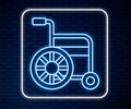 Glowing neon line Wheelchair for disabled person icon isolated on brick wall background. Vector Royalty Free Stock Photo