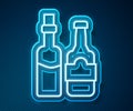 Glowing neon line Whiskey bottle icon isolated on blue background. Vector