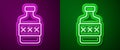 Glowing neon line Whiskey bottle icon isolated on purple and green background. Vector
