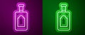 Glowing neon line Whiskey bottle icon isolated on purple and green background. Vector Illustration