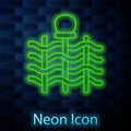 Glowing neon line Wicker fence of thin rods with old clay jars icon isolated on brick wall background. Vector