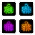 Glowing neon line Wicker fence of thin rods with old clay jars icon isolated on white background. Black square button