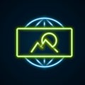 Glowing neon line Wide angle picture icon isolated on black background. Panorama view. Colorful outline concept. Vector Royalty Free Stock Photo