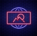 Glowing neon line Wide angle picture icon isolated on brick wall background. Panorama view. Colorful outline concept Royalty Free Stock Photo