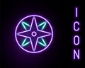 Glowing neon line Wind rose icon isolated on black background. Compass icon for travel. Navigation design. Colorful