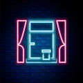 Glowing neon line Window with curtains in the room icon isolated on brick wall background. Colorful outline concept Royalty Free Stock Photo