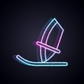 Glowing neon line Windsurfing icon isolated on black background. Vector