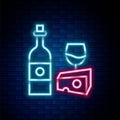 Glowing neon line Wine bottle with glass and cheese icon isolated on brick wall background. Romantic dinner. Colorful