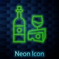Glowing neon line Wine bottle with glass and cheese icon isolated on brick wall background. Romantic dinner. Vector
