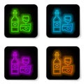 Glowing neon line Wine bottle with glass and cheese icon isolated on white background. Romantic dinner. Black square