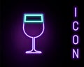 Glowing neon line Wine glass icon isolated on black background. Wineglass icon. Goblet symbol. Glassware sign. Colorful Royalty Free Stock Photo