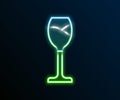 Glowing neon line Wine glass icon isolated on black background. Wineglass icon. Goblet symbol. Glassware sign. Happy Royalty Free Stock Photo