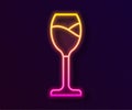 Glowing neon line Wine glass icon isolated on black background. Wineglass icon. Goblet symbol. Glassware sign. Happy Royalty Free Stock Photo