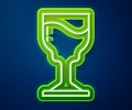 Glowing neon line Wine glass icon isolated on blue background. Wineglass icon. Goblet symbol. Glassware sign. Happy Royalty Free Stock Photo