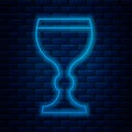 Glowing neon line Wine glass icon isolated on brick wall background. Wineglass icon. Goblet symbol. Glassware sign Royalty Free Stock Photo