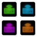Glowing neon line Wireless computer keyboard icon isolated on white background. PC component sign. Internet of things