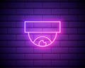 Glowing neon line Wireless Controlling CCTV security camera icon isolated on brick wall background. IOT Concept and remote home Royalty Free Stock Photo