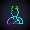 Glowing neon line Wizard warlock icon isolated on black background. Vector