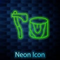 Glowing neon line Wooden axe in stump icon isolated on brick wall background. Lumberjack axe. Axe stuck in wood