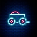 Glowing neon line Wooden four-wheel cart with hay icon isolated on brick wall background. Colorful outline concept Royalty Free Stock Photo