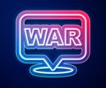 Glowing neon line The word war icon isolated on blue background. International military conflict. Army. Armament