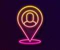 Glowing neon line Worker location icon isolated on black background. Vector